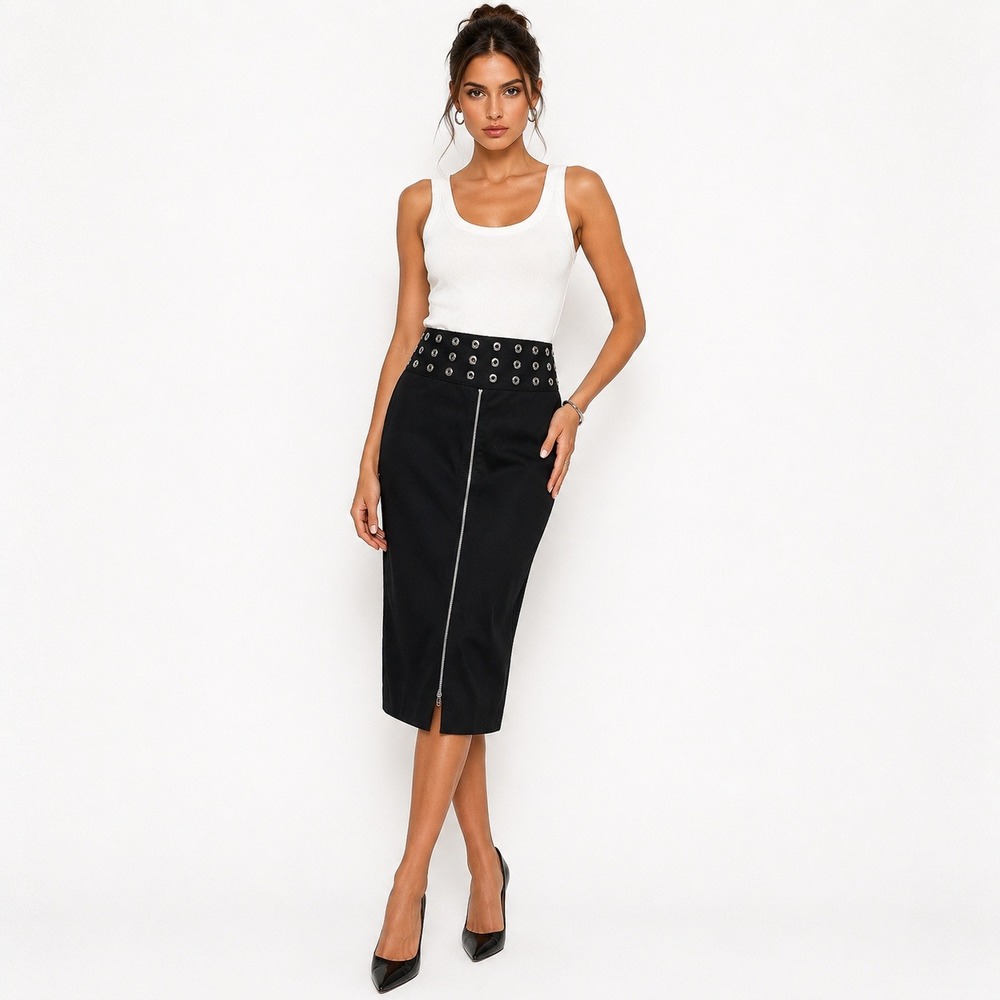 Vintage Escada Women Pencil Skirt Black Grommet Waist Front Zip Cotton Size 42